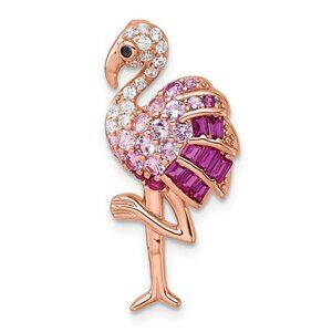 925 Sterling Silver Rose-tone CZ and Pink Corundum Flamingo Chain Slide Pendant